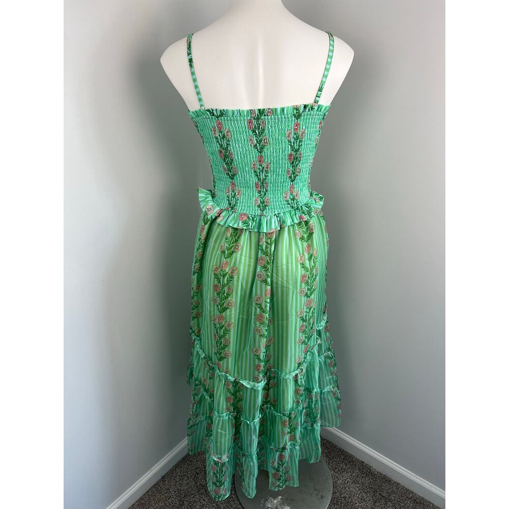 Women's Green Sheer Floral Ruched Tiered Ruffle Garden Party Whimsical Dress - Picture 4 of 6